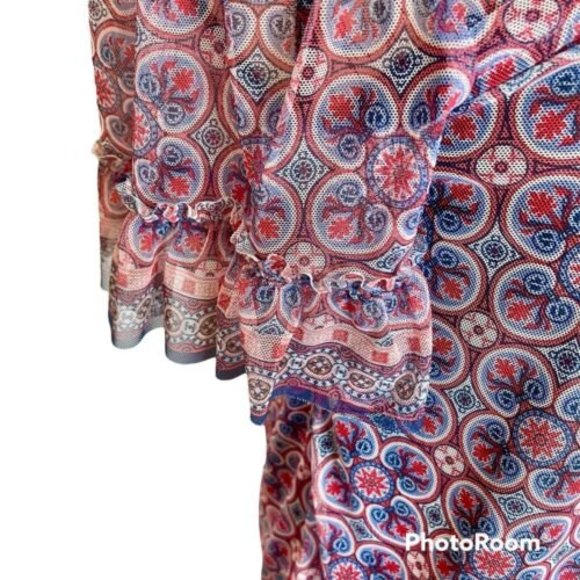 Womens Knit Mesh Blouse Top Size Medium Ruffle Pleated Boho Gypsy - Picture 4 of 12